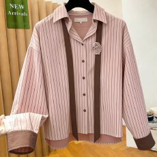 批发高级感复古撞色条纹长袖翻领<b class='q'>衬衫</b>女春秋法式温柔宽松百搭通勤上衣