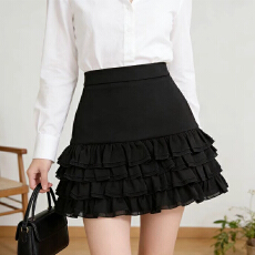 批发实拍法式甜美木耳边半身蛋糕裙高腰蓬蓬裙女春夏显瘦气质a字短裙