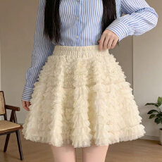 批发实拍芭蕾风<b class='q'>网纱</b>蛋糕半身裙女松紧高腰显瘦防走光a字百褶蓬蓬短裙