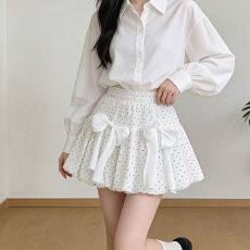 批发实拍波点花苞裙<b class='q'>半身裙</b>女夏季A字裙短裙百搭<b class='q'>高腰</b>蝴蝶结蓬蓬裙伞裙