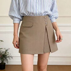批发<b class='q'>实拍</b>设计感休闲百搭单排扣开叉高腰显瘦半身裙防走光短裙a字裙女