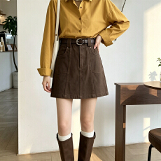 批发实拍<b class='q'>复古</b>咖色工装半身短裙女水洗棉A字裙显瘦高腰百搭牛仔半裙子