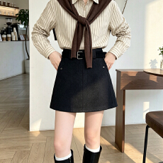 实拍韩系复古毛呢羊绒半身短裙女秋冬高腰显瘦A字裙小个子包臀裙