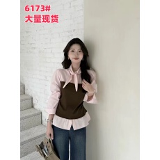 批发韩系撞色拼接假两件修身衬衫秋季新款气质系带衬衣上衣