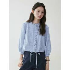 批发「芥末派VOOE」木耳边格子七分袖衬衫女春季新款宽松撞色<b class='q'>文艺</b>上衣