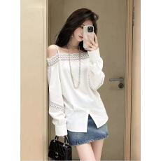 批发韩系白色露肩长袖上衣女设计感宽松显瘦气质<b class='q'>休闲</b>优雅镂空大码内搭