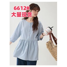 批发减龄七分袖纯棉<b class='q'>文艺</b>蓝格衬衫女春新款圆领套头宽松娃娃衫遮肚上衣