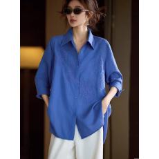 批发2026春季新款简约重工刺绣宽松翻领单排扣长袖衬衫上衣女