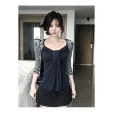 批发【宝蓝拼条】美式条纹插肩<b class='q'>t</b><b class='q'>恤</b>女夏季设计感中袖小衫收腰显瘦上衣