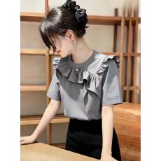 批发法式复古灰色圆领荷叶边短袖<b class='q'>衬衫</b>T恤女夏季爆款洋气减龄百搭上衣