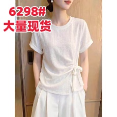 批发2026夏季轻薄透气减龄显瘦小衫女新款短袖大码系带休闲风圆领上衣