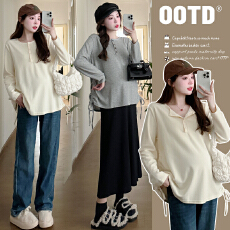 批发2025爆款有货春秋纯色宽松弹力柔软气质抽绳时尚显瘦T恤遮肚<b class='q'>休闲</b>