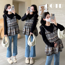 批发已出货秋季假两件拼接巨显瘦<b class='q'>韩版</b>时尚修身孕妈妈遮肚孕妈妈T恤