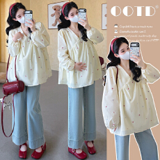 批发2026早<b class='q'>春</b>新款实拍气质贵气宽松遮肚显瘦刺绣孕妇娃娃衫孕妈妈衬衫