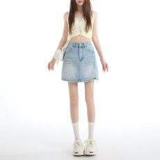 批发韩版百搭高腰水洗牛仔短裙2026夏季设计感小开叉a字短裙女
