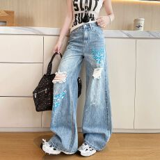 批发美式复古春夏季新款磨破洞阔腿<b class='q'>牛仔裤</b>女