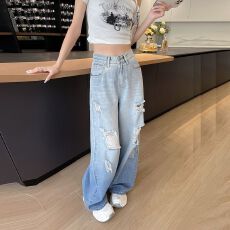 批发春夏季新款渐变时尚潮流磨破洞<b class='q'>牛仔裤</b>女