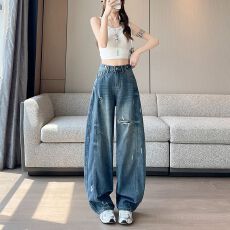 批发美式复古怀旧新款时尚潮流阔腿磨破洞<b class='q'>牛仔裤</b>女