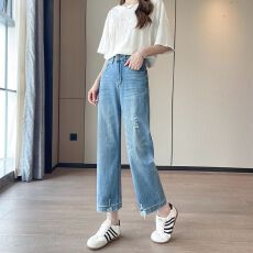 批发夏季新款薄料磨破洞休闲宽松直筒<b class='q'>九分</b>天丝<b class='q'>牛仔裤</b>女