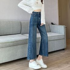 批发美式复古早<b class='q'>春</b>新款刺绣高腰弹力显瘦八分直筒牛仔裤女