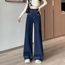 批发美式复古弹力<b class='q'>高腰</b>丹宁蓝窄版双扣阔腿牛仔裤女