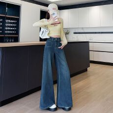批发美式复古早<b class='q'>春</b>新款高腰弹力窄版阔腿牛仔裤女