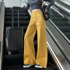 港风春秋新款高腰弹力宽松阔腿牛仔裤女