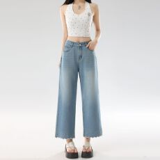 批发湖水蓝色花边<b class='q'>九分</b>直筒牛仔裤女2026年夏薄款八分小个子阔腿烟管裤
