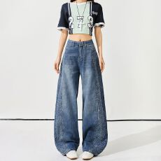 批发满天星闪钻2026新款弯刀牛仔裤女宽松高腰垂感百搭拖地裤显瘦长裤