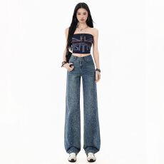 批发满天星闪钻阔腿裤女宽松高腰垂感百搭拖地裤显瘦直筒休闲随性