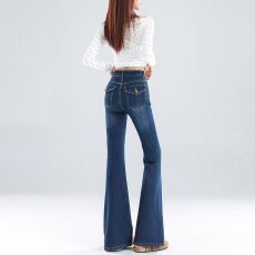 批发蓝色复古后口袋微喇牛仔裤女2026秋季新款低腰辣妹弹力修身马蹄裤