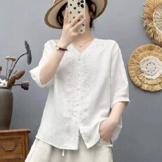 批发小衫领装棉麻t妈妈民族v上衣<b class='q'>中老年</b>风女七分恤透气袖薄款