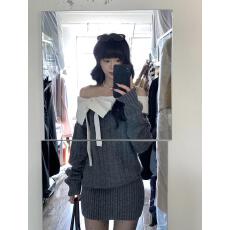 有货~纯欲辣妹蝴蝶结一字肩针织连衣裙女秋冬