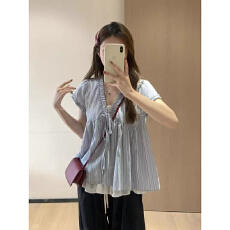 批发大码胖mm蓝色百搭假两件短袖衬衫女<b class='q'>夏</b>季新款宽松遮肉显瘦气质上衣