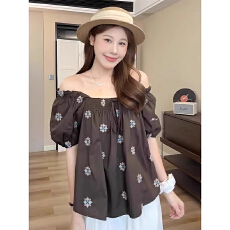 批发<b class='q'>夏</b>季新款气质百搭宽松显瘦短袖上衣大码法式复古泡泡袖刺绣衬衫潮