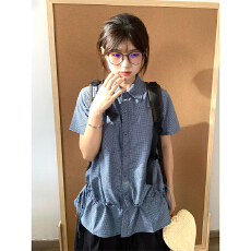 批发大码格子短袖衬衫女<b class='q'>夏</b>季抽绳收腰花边衬衣外套宽松休闲学院风上衣