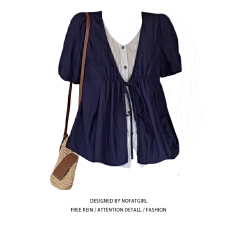 批发大码胖妹妹法式复古假两件条纹V领短袖小衫女<b class='q'>夏</b>季设计感宽松上衣