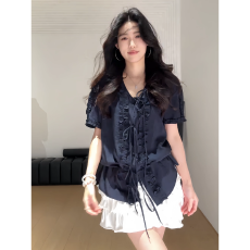 批发大码胖mm法式木耳边设计感衬衫女<b class='q'>夏</b>季新款高级感显瘦百搭系带上衣