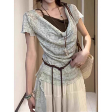 批发大码胖mm设计感假两件飘带短袖T恤女<b class='q'>夏</b>季薄款冰丝上衣遮肚子显瘦