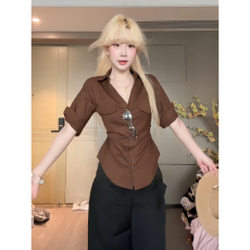 批发大码胖妹妹美式复古气质正肩短袖衬衣女<b class='q'>夏</b>季系带掐腰显瘦辣妹上衣