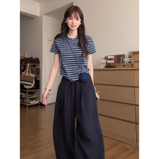 批发大码胖mm时尚洋气撞色条纹短袖T恤女2025设计感正肩显瘦百搭上衣