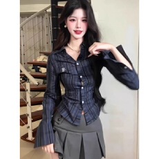 批发大码胖mm美式学院风复古撞色格纹衬衫早秋新款辣妹掐腰衬衣上衣女