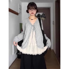 批发时尚百搭大码胖MM复古文艺格<b class='q'>子</b>木耳边系带罩衫蕾丝吊带背心两件套