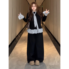 批发大码胖mm复古风格<b class='q'>子</b>拼接假两件上衣早秋新款遮肉巨显瘦长袖T恤女