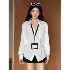 批发大码设计感叠穿收腰白色衬衫女早秋新款胖mm宽松显瘦内搭打底上衣