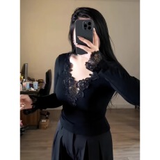 批发大码性感蕾丝黑色v领长袖正肩t恤<b class='q'>秋</b>冬新款胖mm显瘦内搭打底衫上衣