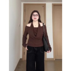 批发大码胖MM设计感荡领挂脖露肩假两件T恤秋<b class='q'>冬</b>美式复古修身显瘦上衣