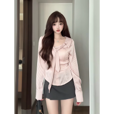 批发大码胖MM优雅高级感法式粉色条纹衬衫女2025秋冬新款收腰显瘦上衣