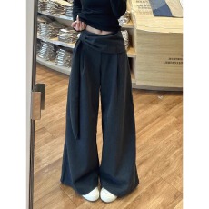 批发大码高级感毛呢阔腿裤女秋冬2025新款高腰绑带休闲加厚拖地长裤<b class='q'>子</b>
