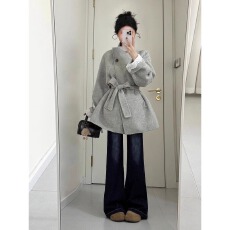 批发大码灰色系带双面羊绒毛呢<b class='q'>子</b>大衣外套女2025秋冬季新款韩系小个子